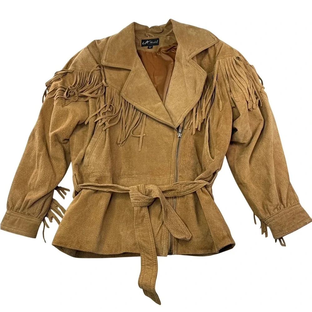L.A. Studio Suede Fringe Zip Front Tie Belt Jacket Tan Western Boho‎ Festival S - Picture 12 of 16